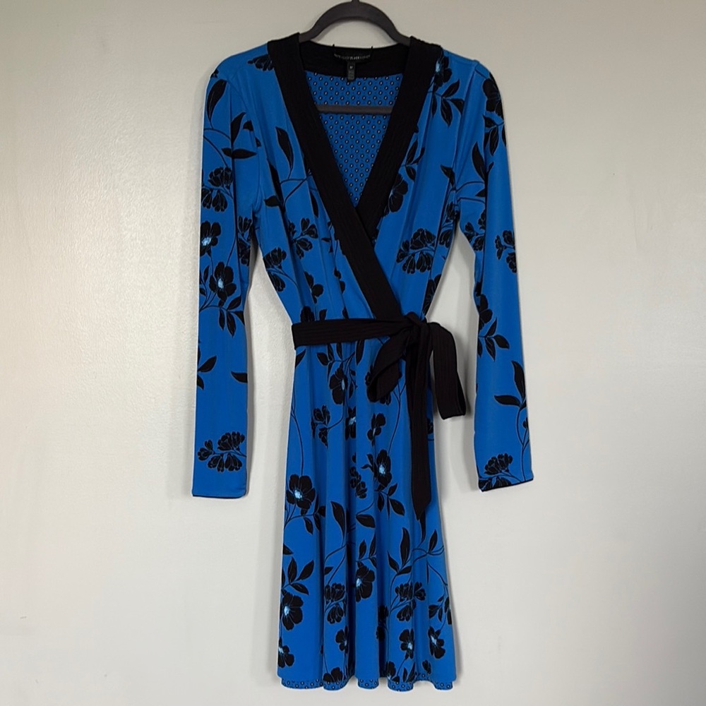 White House Black Market Blue and Black Long Sleeve Wrap 2-in-1 Dress